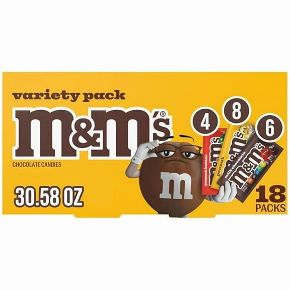 Pack of 1 M&M'S Milk Chocolate Candy, Variety Pack, Full Size, Pack of 18 Bulk Candy Chocolate