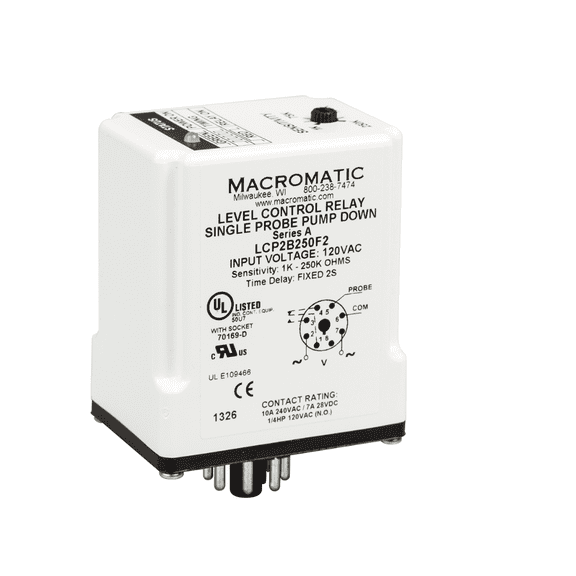 Pack of 1, Macromatic Lcp2B250F2 Relay, E-Mech, Liquid Level Control, Single Probe Pump Down, 1K-250K, 2 S, 120Vac