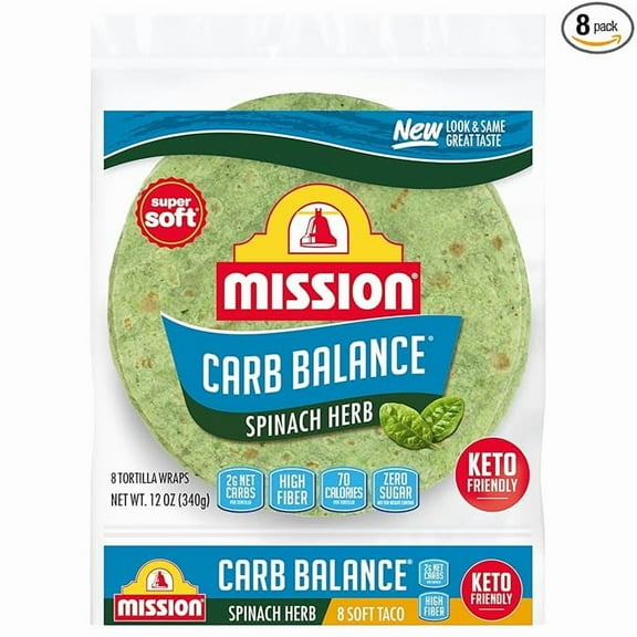 Pack of 1 Mission Carb Balance Spinach Herb Tortilla Wraps, 8 Count, Low Carb, Keto, High Fiber, No Sugar