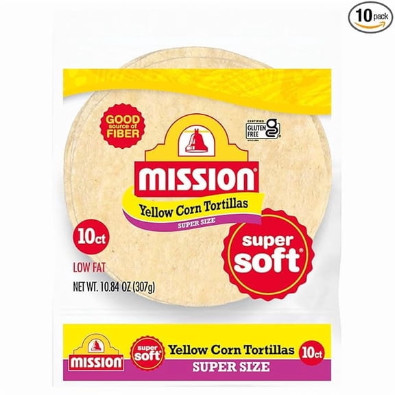 Pack of 1 Mission Super Size Yellow Corn Tortillas, Large Soft Taco Size, 10 Count