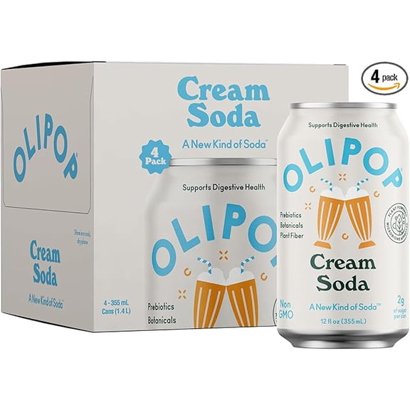 Pack of 1 OLIPOP Prebiotic Soda Pop, Cream Soda, Prebiotics, Botanicals, Plant Fiber, 12 fl oz (4 Cans)