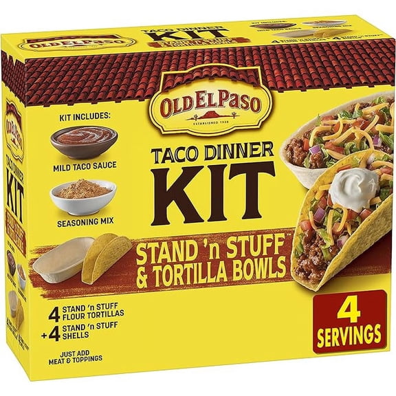 Pack of 1 Old El Paso Stand 'N Stuff Shells and Tortilla Bowls, Hard & Soft Taco Dinner Kit, 9.4 oz.