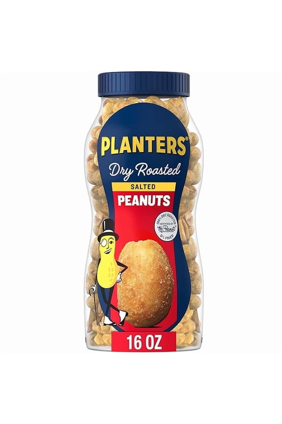 Pack of 1 PLANTERS Salted Peanuts, Dry Roasted Peanuts, Party Snacks, Plant Based Protein, Snacks For Adults, 16oz (1 Jar)