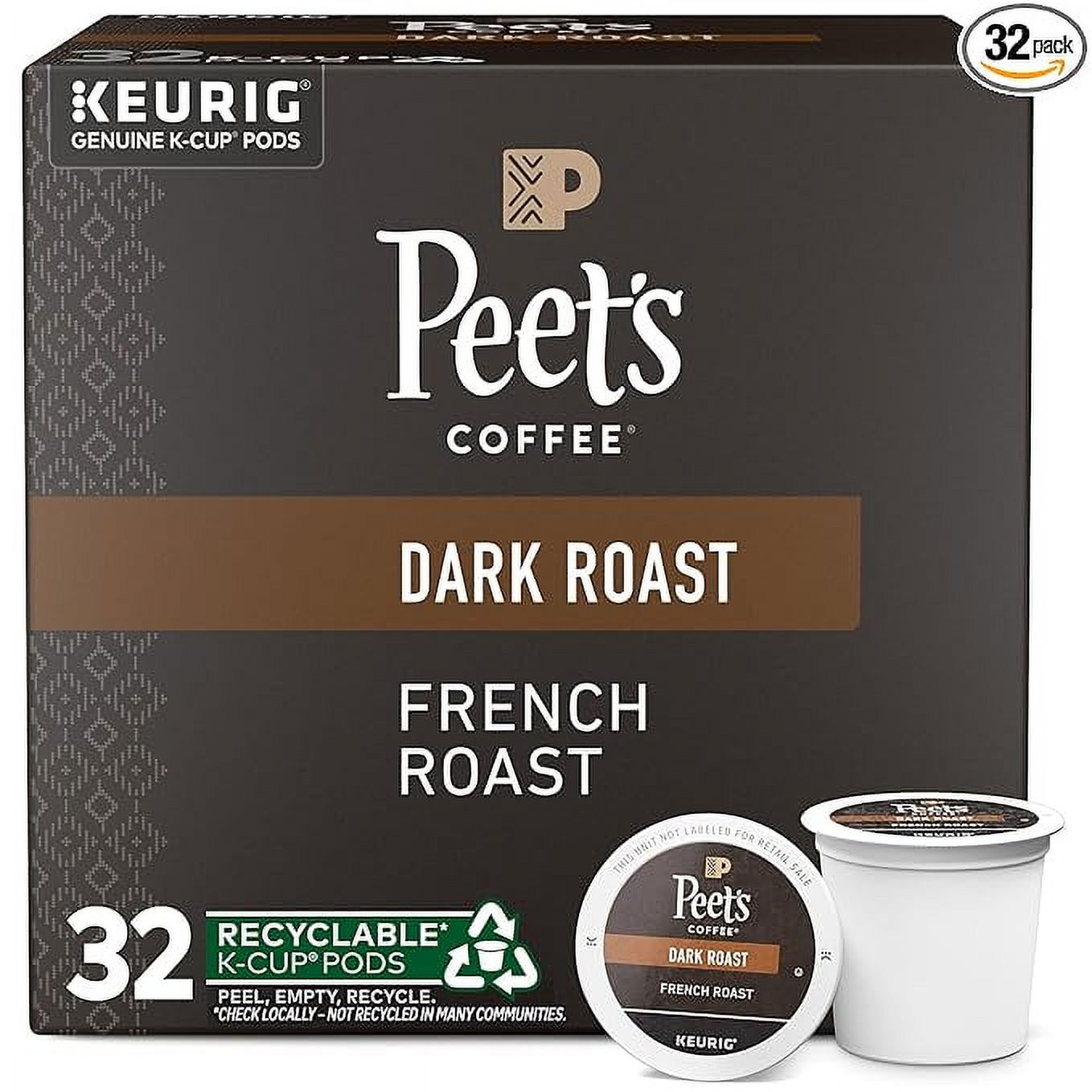 Pack of 1 Peet's Coffee, Dark Roast Keurig K-Cup Pods - French Roast 32 Count (1 Box of 32 K-Cup Pods)