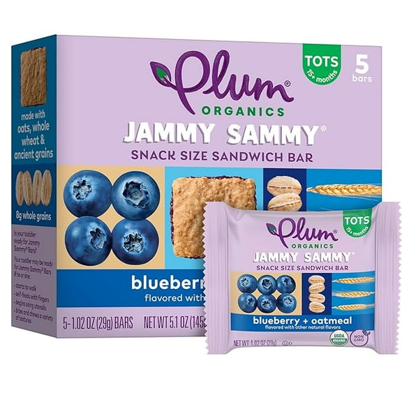 Pack of 1 Plum Organics Jammy Sammy Snack Bars - Blueberry and Oatmeal - 1.02 oz Bars (Pack of 5) - Organic Toddler Food Snack Bars