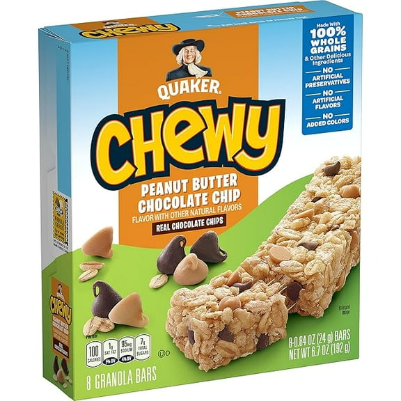 Pack of 1 Quaker Chewy Granola Bar Peanut Butter Chocolate Chip Granola Bars, 0.84 Oz, 8 Ct