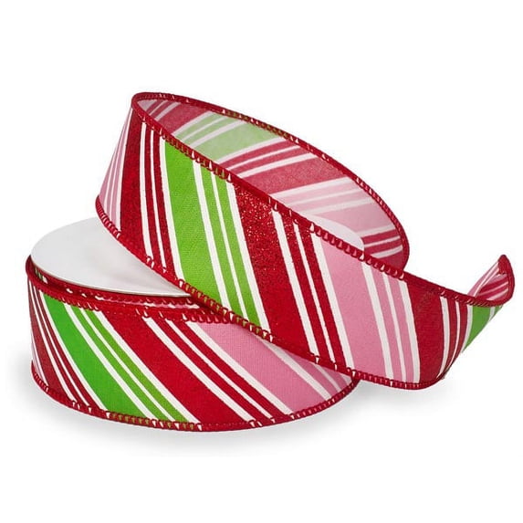 Pack of 1, Red, Pink and Green Stripe Wired Ribbon, 1-1/2"X10Yards for Holiday Packages and Décor