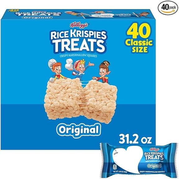 Pack of 1 Rice Krispies Treats Crispy Marshmallow Squares, Kids Snacks, Snack Bars, Original, 31.2oz Box (40 Bars)
