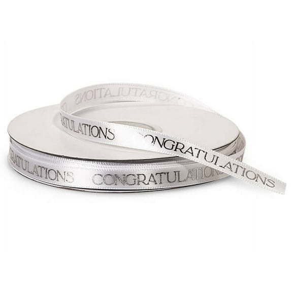 Pack of 1, Silver Congratulations On White Satin Ribbon, 3/8"x10 Yards for Home Décor Projects, Gift Basket and Package, Made in USA