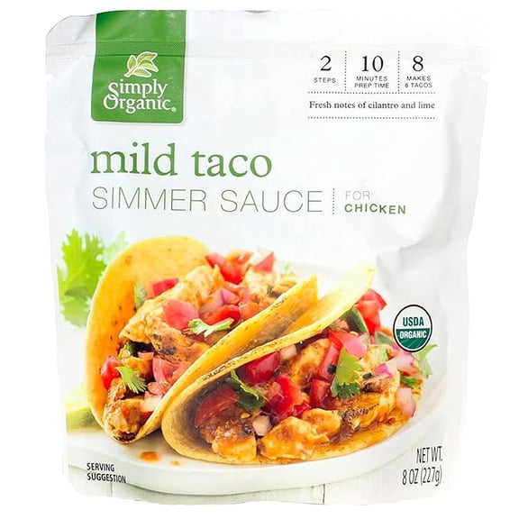 Pack of 1 Simply Organic Mild Taco Simmer Sauce, Certified Organic | 8 oz