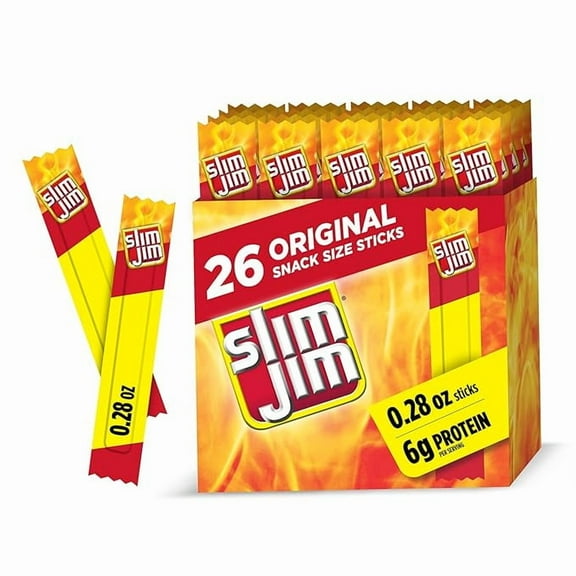 Pack of 1 Slim Jim Smoked Meat Sticks, Original Flavor, 6g Protein Per Serving, Snack Size, Lunchbox Snack, 0.28 oz. (26 Count)