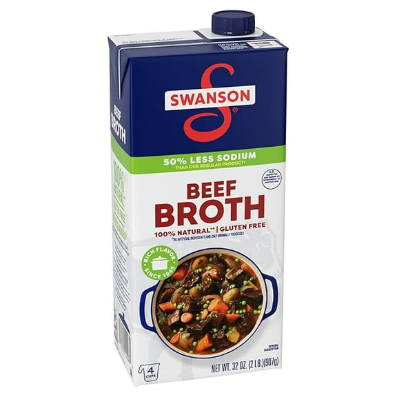 Pack of 1 Swanson 100% Natural Lower Sodium Beef Broth, 32 oz Carton