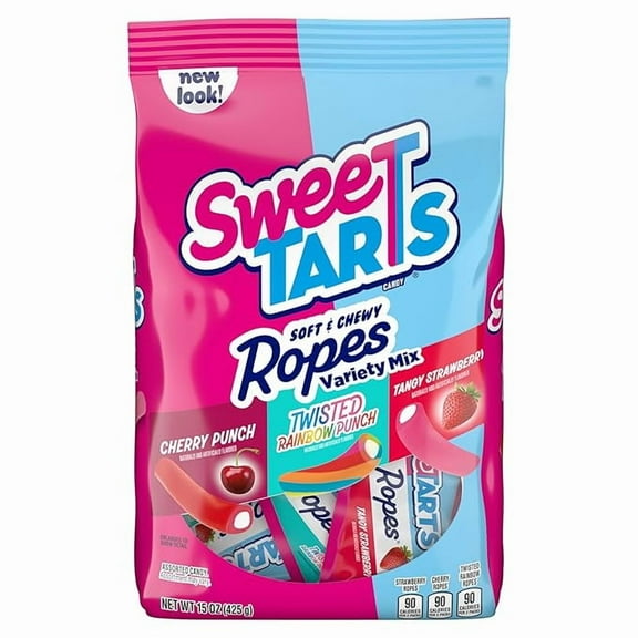 Pack of 1 SweeTARTS Ropes Candy, Variety Mix, Cherry Punch, Twisted Rainbow Punch, Tangy Strawberry, Soft and Chewy, 15 oz