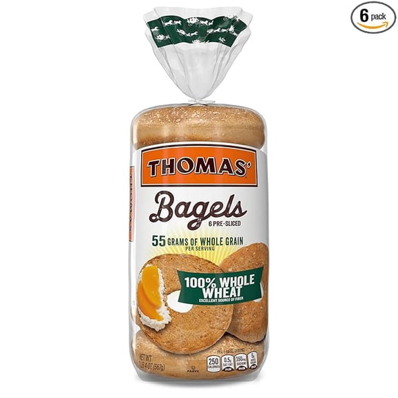 Pack of 1 Thomas' 100% Whole Wheat Bagels, 6 Pre-Sliced Bagels with No High Fructose Corn Syrup, 20 Oz