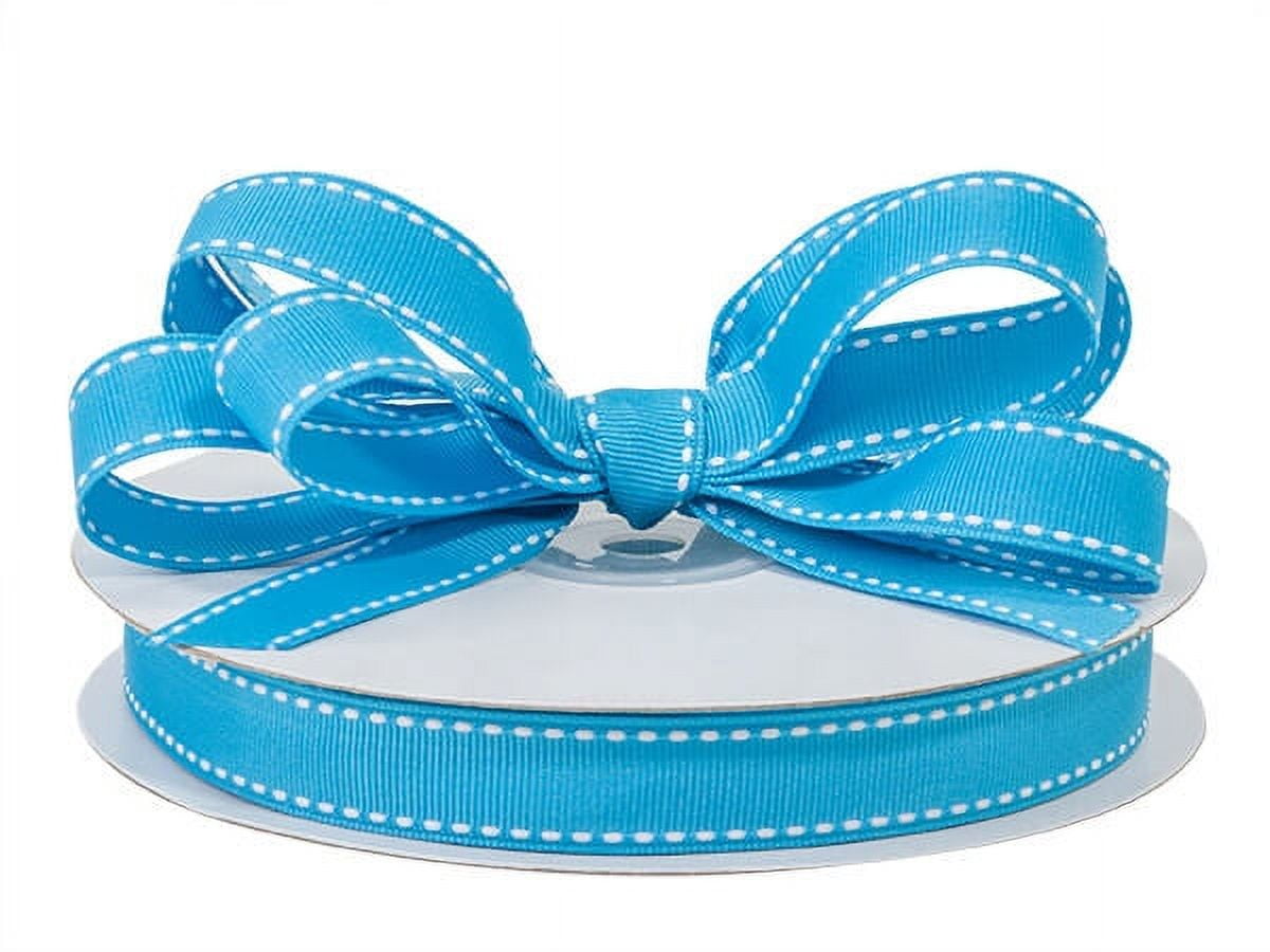 Pack of 1, Turquoise With White Saddle Stitch Ribbon, 5/8" x 25 Yards for Arts and Crafts, Floral, Home Decor, Favor Box, Gift Bag, and Scrap-Booking