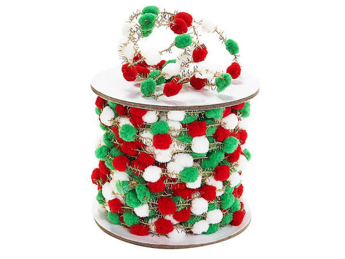 Pack of 1, White,Red and Green Pom Pom Cord, 25 Yards for Holiday Gifts, Craft and Decor Items