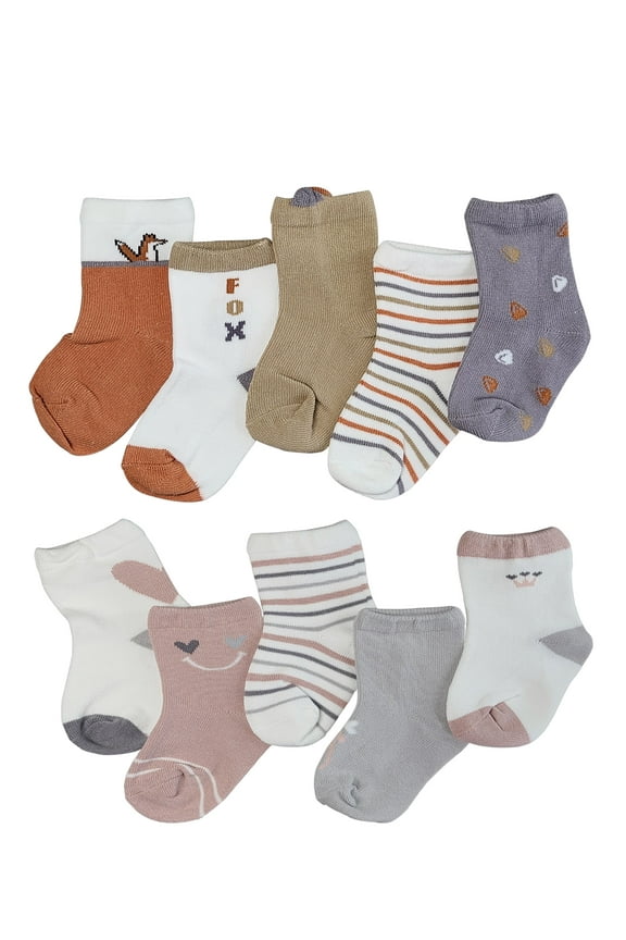 Pack of 10 Baby Toddler Socks Fox Print Crown Smiley Face - 0-12 Months