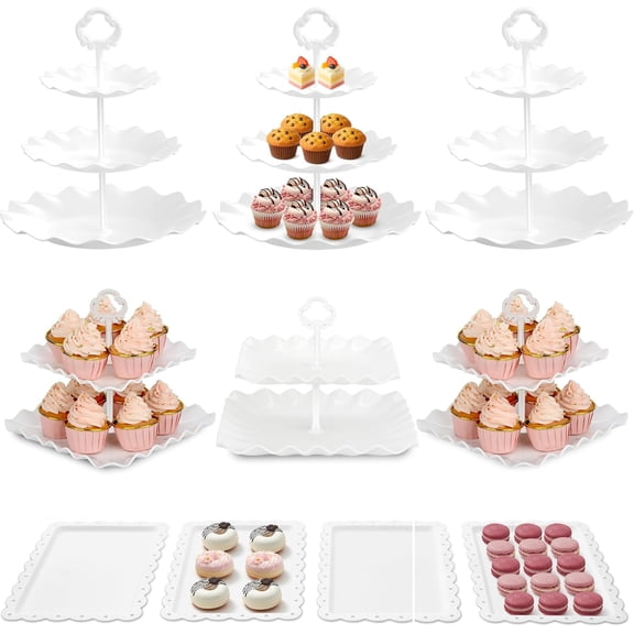 Pack of 10 Cake Stand Set with 3 x Two-Tier and 3 x Three-Tier Cupcake Stands, 4 x Appetizer Trays, for Birthday Baby Bridal Shower Party (White)
