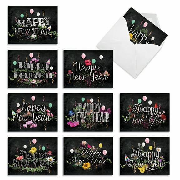 Pack of 10 Happy New Year Cards with Envelopes (4 x 5.12 Inch) - NEW YEAR CHALK AND ROSES M2358NYG