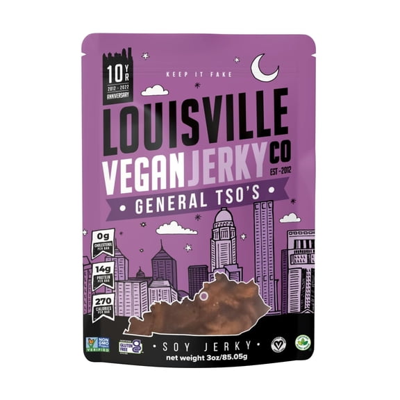 (Pack of 10), Louisville Vegan Jerky General Tso's Soy Jerky, 3 oz
