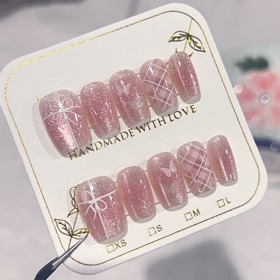 Pack of 10 Pink Nail Art Wearing Nail Art Internet celebrity bow plaid nail piece finished rhombus cat eye fake nail