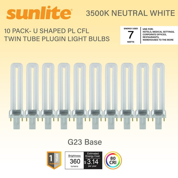 Sunlite PL7/SP35K, CFL 7W, 3500K, Neutral White, 2-Pin, G23 Base, U-Shaped, Twin Tube Bulbs, 10PK