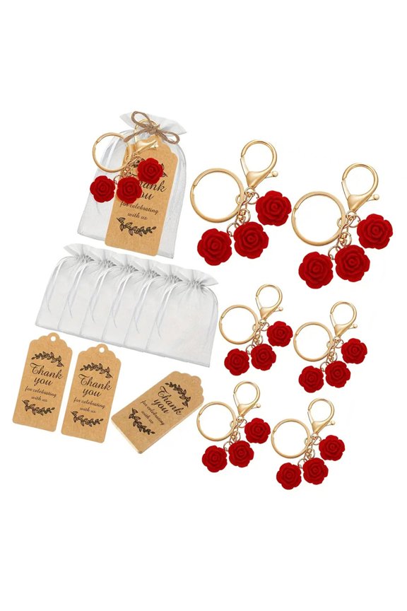 Pack of 10 Symbolic Love Rose Keychains Stylish Flower Key Rings with Krafts Card Wedding Souvenirs Accessories