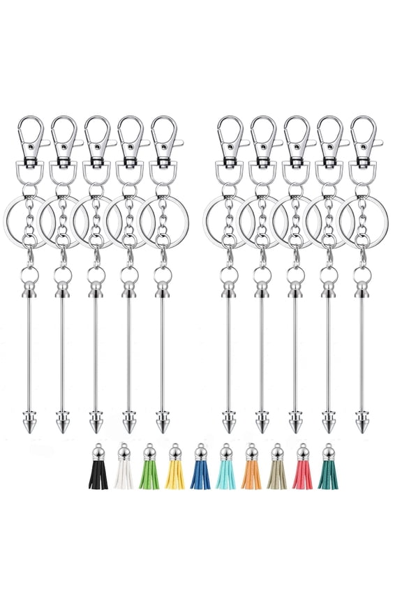 Pack of 10 Unique Metal Rod Keychain Beaded Stringing Option Keychain Blanks with Colorful Leather Tassels