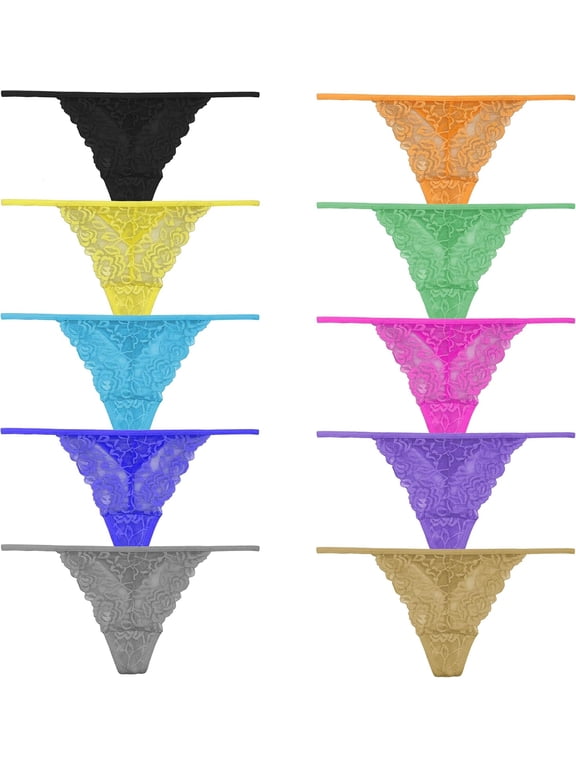 Pack of 10 Women's Lace G-String Thongs Panties, Assorted Lace Patterns & Colors