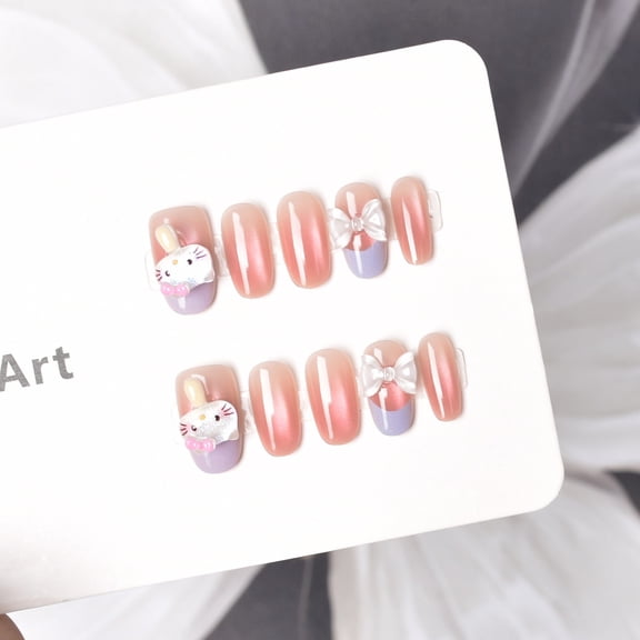 Pack of 10 student cartoon three-dimensional bow glass beads cat's eye handmade nail products, wearing nail whitening nail stickers