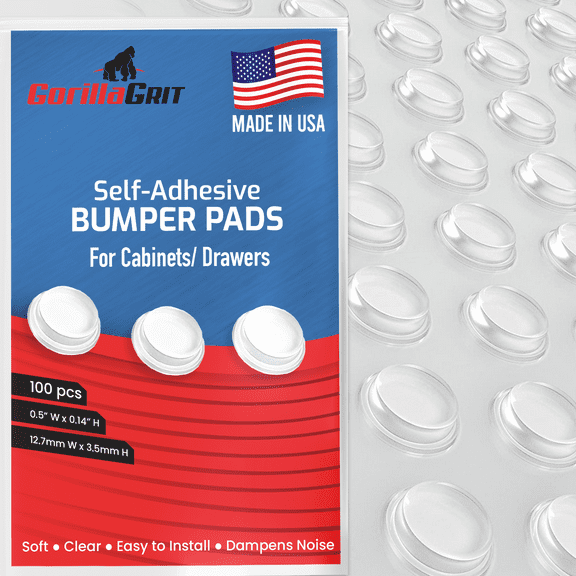 Pack of 100 Cabinet Door Bumpers - Made in USA - 1/2" Diameter Clear Adhesive Pads for Drawers, Cupboards, Glass Tops, Cutting Boards, Picture Frames