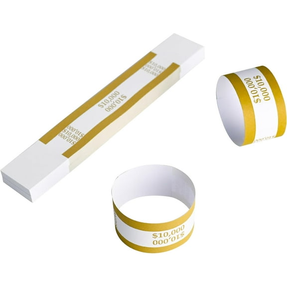 Pack of 100 Currency Straps Money Bands, Self Sealing Money Bill Wrappers (Gold $10000-100 PCS)