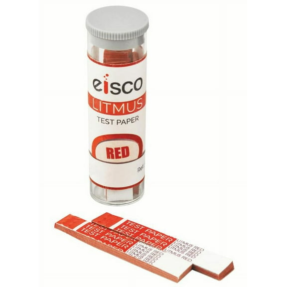 Pack of 100 Litmus Test Strips, Red, Base/Alkaline Indicator, Includes Reusable Container - Eisco Labs