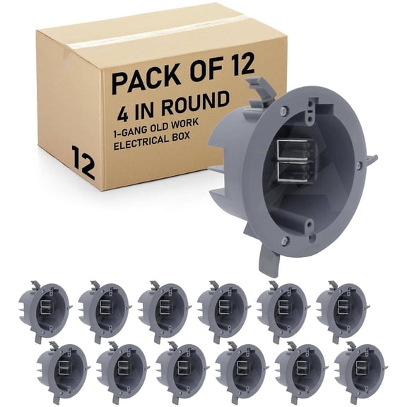 Pack of 12 4" Old Work Round Electrical Box, One-Gang Grey PVC Junction Box, 18 cu in Capacity, Fire-Rated Remodel Box