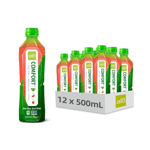 (Pack of 12) Alo Comfort Watermelon + Peach Aloe Vera Juice Drink, 16.9 fl oz