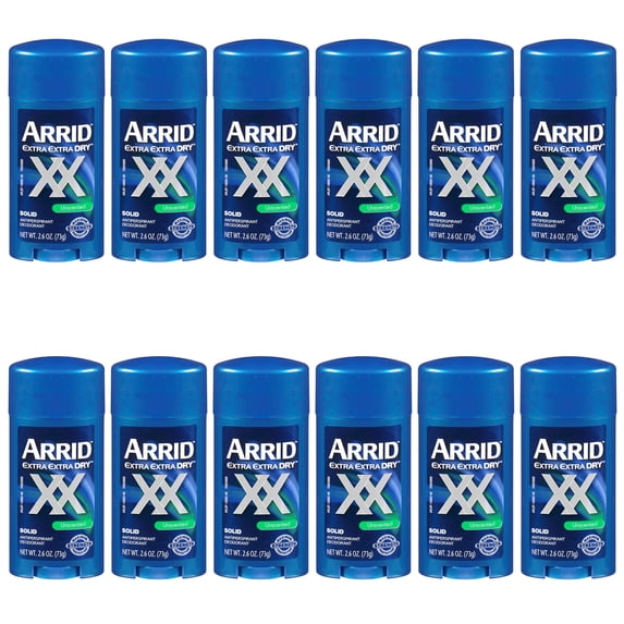 ARRID XX Extra Extra Dry Solid Antiperspirant Deodorant, Unscented, Blue, 2.6 oz, 12-pack