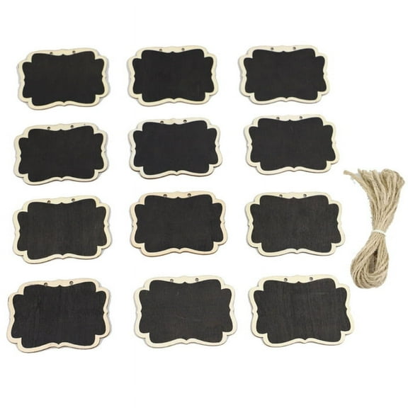 Pack of 12 Black Erasable Mini Chalkboard Hanging Sign Beverage Cookie Label Wood Label Sign w/ Jute String