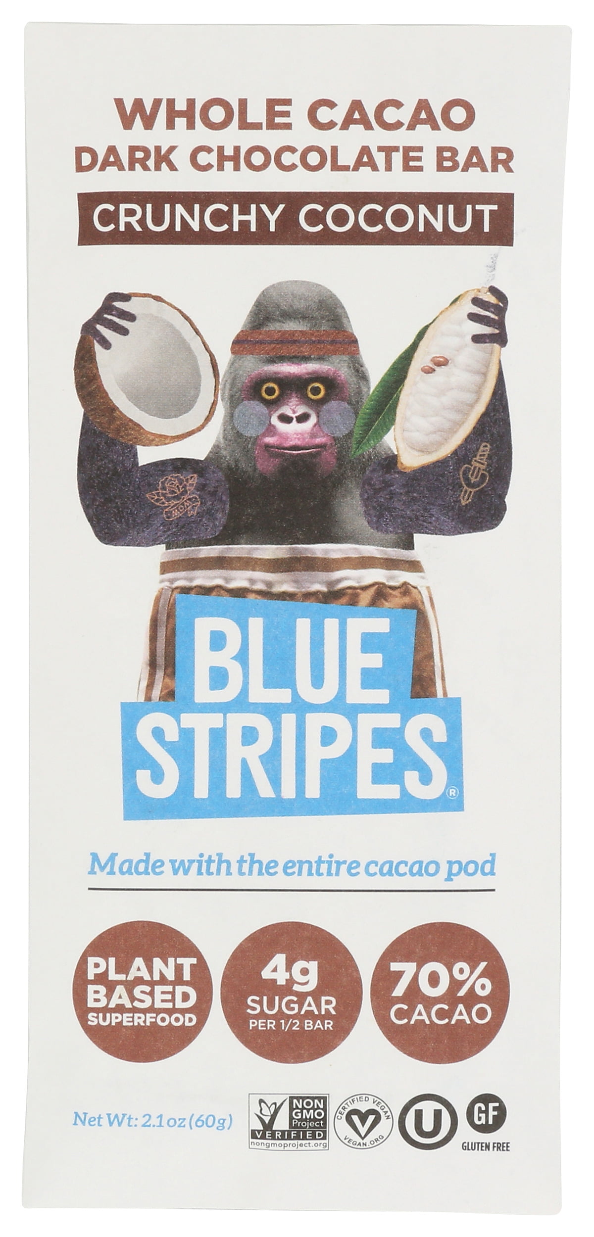 (Pack of 12), Blue Stripes Crunchy Coconut Whole Cacao Dark Chocolate Bar, 2.1 oz