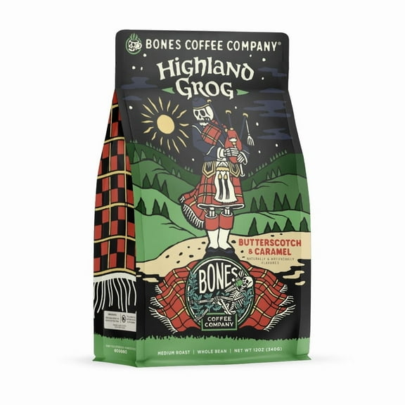 Pack of 12, Bones Coffee Company Highland Grog Ground Coffee (Butterscotch & Caramel), 12 oz