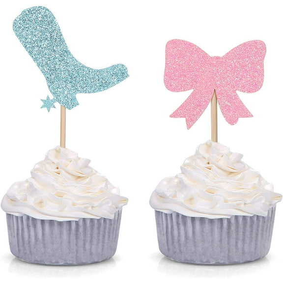 Pack of 12 Boots or Bows Gender Reveal Cupcake Toppers Baby Shower Party Decorations (Blue and Pink)