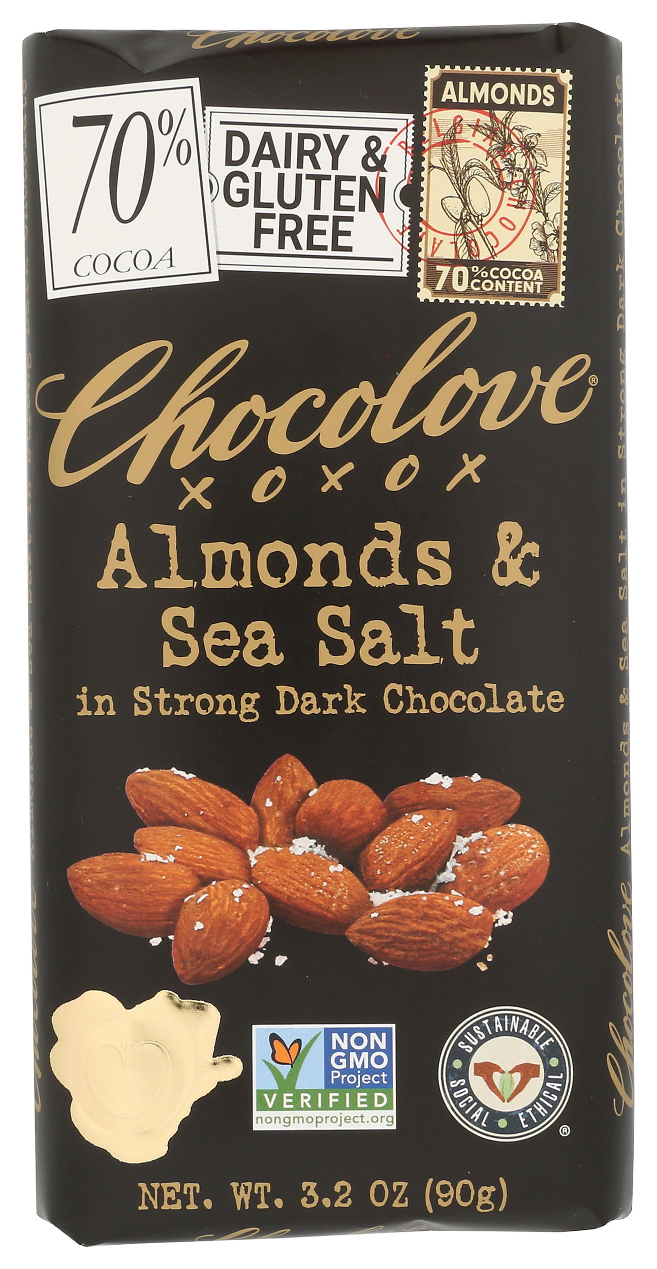 Pack of 12, Chocolove Almonds & Sea Salt in Strong Dark Chocolate, 3.2 oz