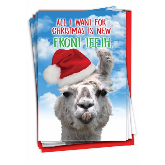 Pack of 12 Christmas Greeting Cards (1 Design, 12 Cards) - Llama Front Teeth