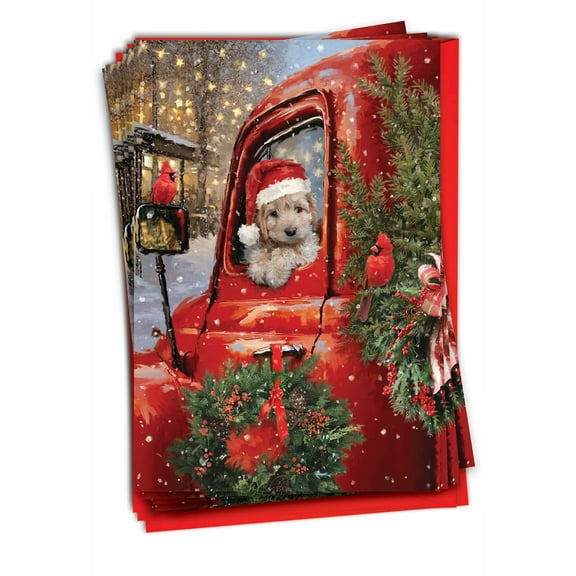 Pack of 12 Christmas Greeting Cards (1 Design, 12 Cards) - Red Truck Puppies