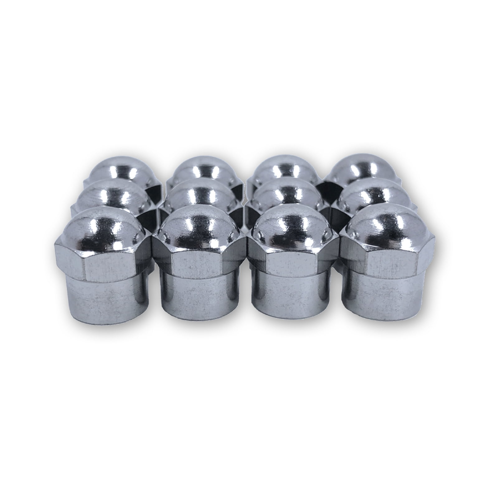 Pack of 12 Chrome Hex Dome Metal Valve caps for Cars, Bicycles and