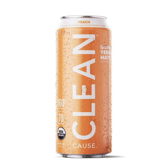 Pack of 12, Clean Cause Peach Organic Sparkling Yerba Mate, 16 fl oz