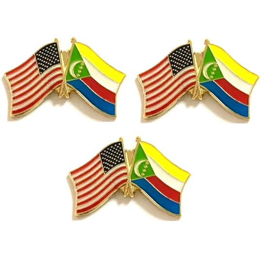 Comoros & US Crossed Double Flag Lapel Pins, Pack of 3