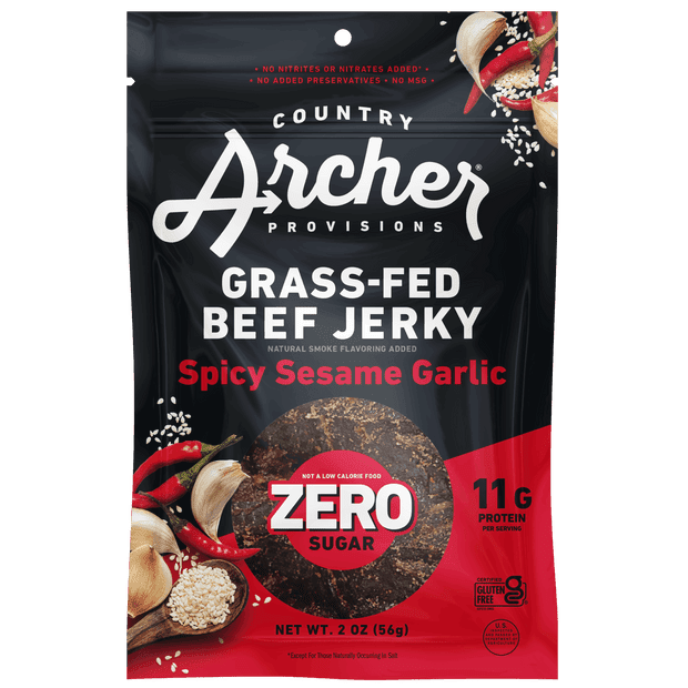 Pack of 12, Country Archer Zero Sugar Spicy Sesame Garlic Beef Jerky, 2 oz