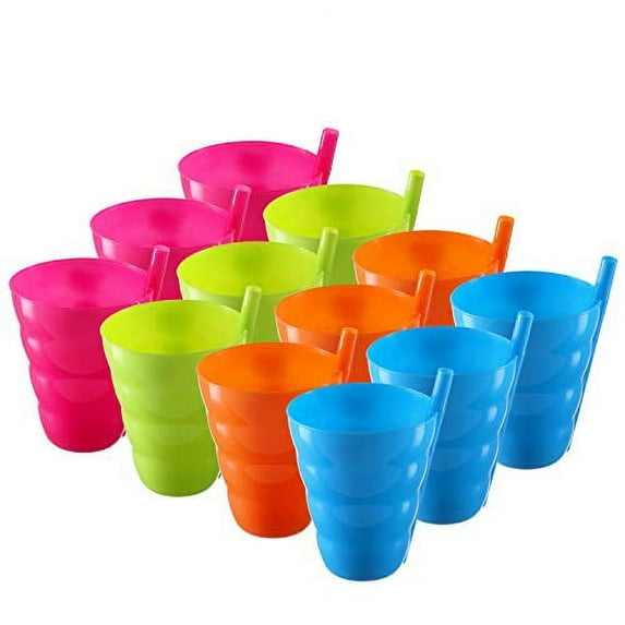 Pack of 12 Cups 10 Oz Plastic Straw Cups for Kids, - 4 Assorted Fun Bright Colors -BPA Free
