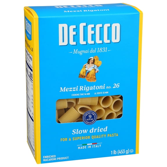 Pack of 12, De Cecco Slow Dried Mezzi Rigatoni No. 26, 1 lb