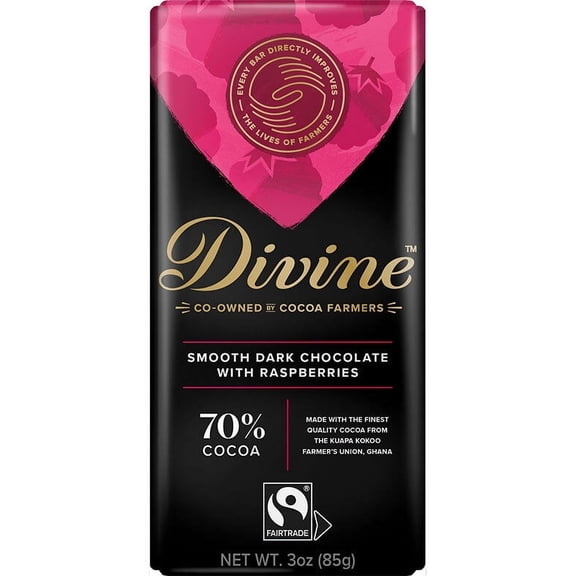 (Pack of 12), Divine Chocolate 70% Dark Chocolate with Raspberries, 3 oz